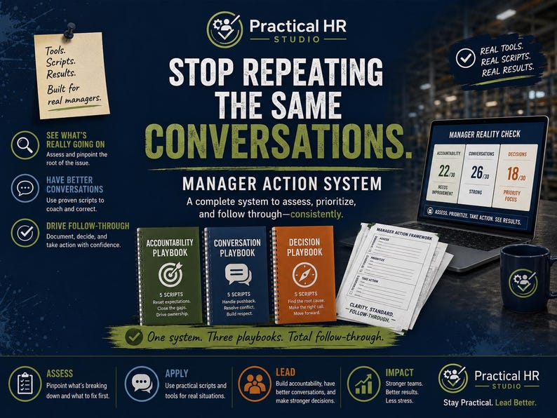 May include: A Practical HR Studio manager action system kit featuring three spiral-bound playbooks in green, blue, and orange, a laptop displaying a manager reality check dashboard, a stack of white framework documents, and a branded navy blue mug.