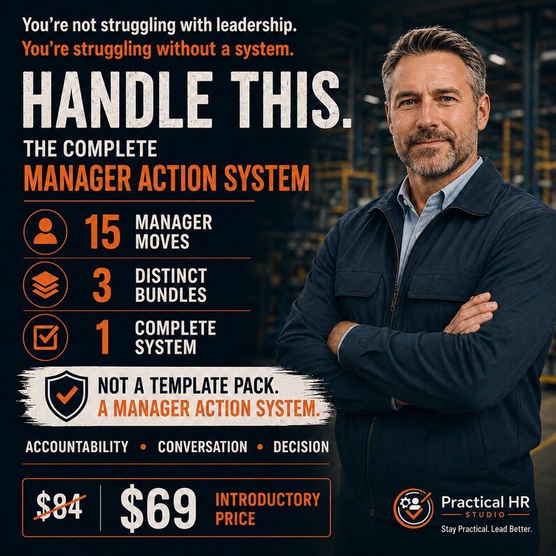 Op de afbeelding: Een promotionele afbeelding voor The Complete Manager Action System met de tekst: You're not struggling with leadership. You're struggling without a system. HANDLE THIS. 15 Manager Moves, 3 Distinct Bundles, 1 Complete System. Not a template pack.