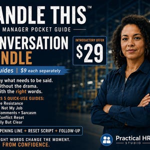 Op de afbeelding: Een digitale productadvertentie voor de Handle This Manager Pocket Guide Conversation Bundle. De tekst somt vijf snelle gidsen op, waaronder Passive Resistance en Peer Conflict Reset, naast het Practical HR Studio logo.