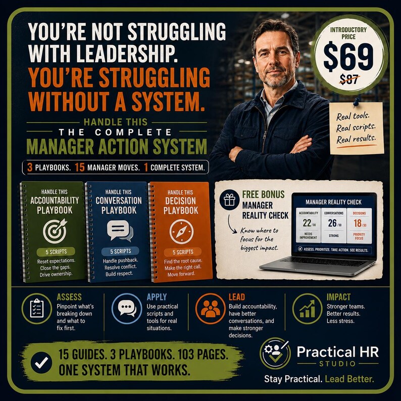 May include: A promotional graphic for The Complete Manager Action System featuring three spiral-bound playbooks in green, blue, and orange. Text includes: You're not struggling with leadership. You're struggling without a system. 15 guides, 3 playbooks.
