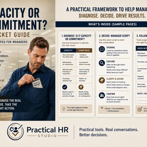 Op de afbeelding: Een zakgids getiteld Capacity or Commitment? met een driestappenplan voor managers. De gids bevat secties voor het diagnosticeren van problemen, scripts voor besluitvorming en een scorekaart voor het bijhouden van voortgang en resultaten.
