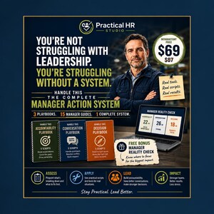 May include: A promotional graphic for Practical HR Studio featuring three spiral-bound playbooks in green, blue, and orange, a laptop displaying a Manager Reality Check dashboard, and text detailing a leadership system with 3 playbooks and 15 guides.