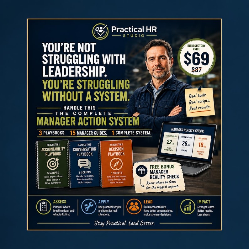 May include: A promotional graphic for Practical HR Studio featuring three spiral-bound playbooks in green, blue, and orange, a laptop displaying a Manager Reality Check dashboard, and text detailing a leadership system with 3 playbooks and 15 guides.