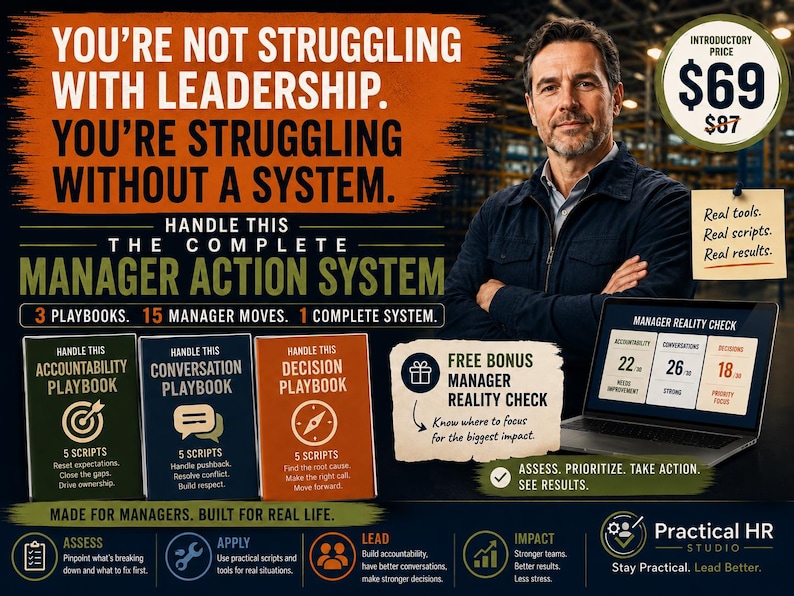 Op de afbeelding: Een promotionele afbeelding voor The Complete Manager Action System met drie handboeken in groen, blauw en oranje. De tekst luidt: You're not struggling with leadership. You're struggling without a system. Bevat een laptop met een Manager Reality Check dashboard en het Practical HR Studio logo.