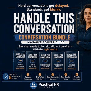 Op de afbeelding: Een professionele bronnenset getiteld Handle This Conversation, met vijf zakgidsen voor managers: Passive Resistance, That's Not My Job, Side Comments + Sarcasm, Peer Conflict Reset en Friendly But Clear. De bundel bevat vijf snelle handleidingen.