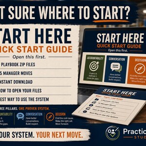 Op de afbeelding: Een digitale Quick Start Guide voor een bedrijfssysteem weergegeven op een laptopscherm en een gedrukte kaart. De tekst bevat "Start Here", "3 Playbook Zip Files", "15 Manager Moves", "Instant Download" en "Practical HR Studio" branding.