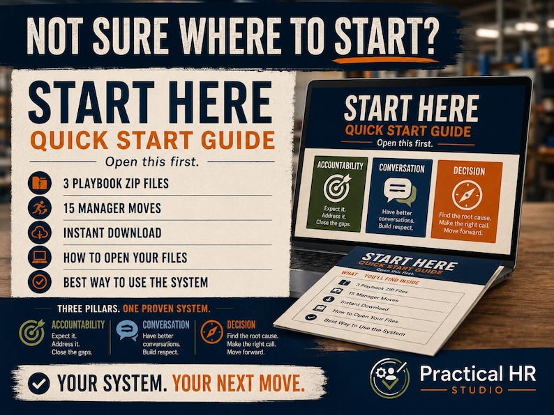 Op de afbeelding: Een digitale Quick Start Guide voor een bedrijfssysteem weergegeven op een laptopscherm en een gedrukte kaart. De tekst bevat "Start Here", "3 Playbook Zip Files", "15 Manager Moves", "Instant Download" en "Practical HR Studio" branding.