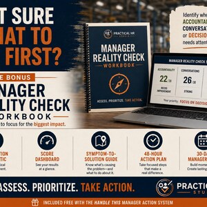 Op de afbeelding: Een Manager Reality Check werkboek met spiraalbinding, een laptop met een score-dashboard en tekst over een diagnostisch hulpmiddel, score-dashboard, symptoom-naar-oplossing gids, 48-uurs actieplan en een 30-daags manager reset programma.