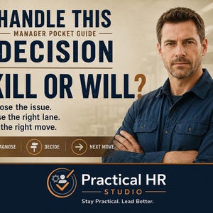 Könnte beinhalten: Eine Werbegrafik für den Manager Pocket Guide mit dem Titel Handle This Decision Skill or Will? mit einer Person in einem marineblauen Hemd, Textanweisungen, drei kreisförmigen Symbolen mit der Beschriftung Diagnose, Decide, Next Move und dem Logo von Practical HR Studio.
