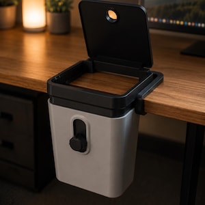 Op de afbeelding: Een lichtgrijze prullenbak voor aan het bureau met een zwarte scharnierende deksel en een zwarte ronde knop aan de voorzijde. De bak is voorzien van een klemmechanisme waarmee deze aan de rand van een houten bureau kan worden bevestigd.