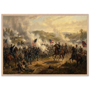 May include: A historical oil painting depicting a Civil War battlefield scene with soldiers in blue uniforms, horses, and smoke. The composition features American flags, a central mounted officer, and infantry engaged in combat on a hilly landscape.