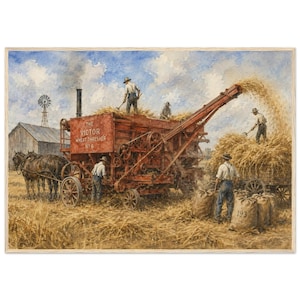 May include: A watercolor painting depicts a red Victor Wheat Thresher No 6 machine in a field. Several figures in hats and work clothes operate the machinery and load wheat into sacks. A team of horses stands nearby, and a windmill is visible.