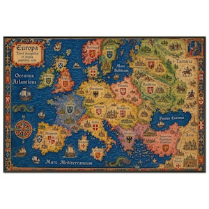 Puede incluir: Un mapa mural rectangular de Europa con estética vintage, océanos azul oscuro, masas terrestres color canela y escudos heráldicos. El mapa incluye ilustraciones de barcos de vela, monstruos marinos y el texto Europa.