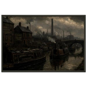 May include: A framed print depicting a canal scene with industrial buildings and boats. The print features a dark, muted colour palette. The text "Smethwick Junction Staffordshire" is visible on one of the canal boats.