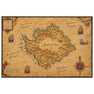 May include: A vintage-style map of the Antarctic continent on aged parchment paper. The map features illustrations of ships, a whale, penguins, and seals. Text labels include Southern Ocean, Indian Ocean, Atlantic Ocean, and Antarctic.