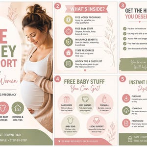 Op de afbeelding: Een gids voor zwangere vrouwen, die gratis geld en ondersteuning biedt. De omslag toont een zwangere vrouw en de tekst "Free Money & Support". Binnenin vindt u informatie over financiële hulp, babyspullen en direct downloaden.
