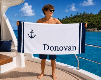 Personalized Coastal Beach Towel, Preppy Camp Towel with Name, Custom Boys Pool Towel, Yacht Club Summer Gift, Nautical Beach Towel