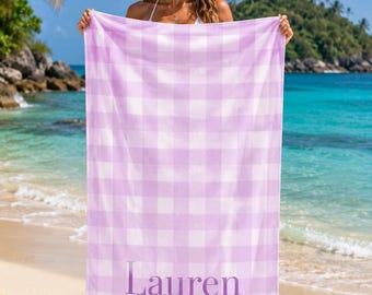Personalized Plaid Bow Beach Towel, Aesthetic Camp Towel with Name, Preppy Pool Towel for Girls, Luxury Summer Beach Gift