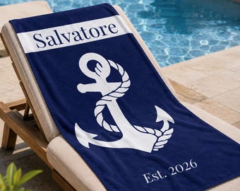 Personalized Beach Towel | Custom Name Nautical Anchor Towel | Personalized Summer Gift | Pool & Beach Towel