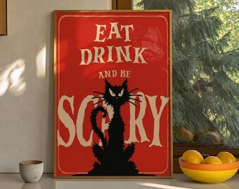 Halloween Kitchen Sign, Black Cat Halloween Decor, Vintage Halloween Print, Retro Spooky Wall Art, Eat Drink and Be Scary, DIGITAL DOWNLOAD