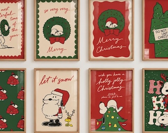 May include: Eight framed wall art prints featuring Snoopy and Woodstock in various Christmas scenes. The designs include holiday greetings like 'it's a most wonderful time of the year', 'Merry Christmas', 'let it snow', 'ho ho ho', and 'DO NOT OPEN UNTIL CHRISTMAS'.