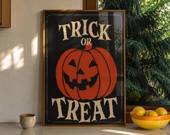 Vintage Pumpkin Wall Art, Retro Halloween Sign, Front Door Halloween Decor, Entryway Printable, Jack O Lantern Poster, Trick or Treat Print