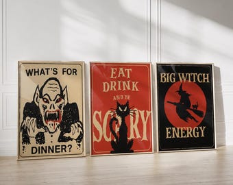 Vintage Halloween Print Set of 3, Kitchen Wall Art Bundle, Witch Decor, Vampire Print, Retro Halloween Posters, Spooky, DIGITAL DOWNLOAD