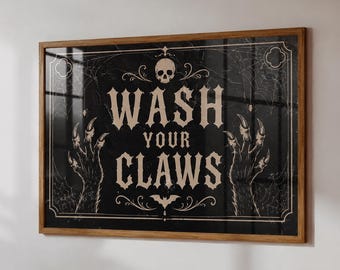 Wash Your Claws, Halloween Bathroom Decor, Funny Gothic Horizontal Wall Art, Spooky Restroom Printable, Vintage Halloween, Digital Download