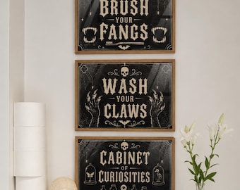 Halloween Bathroom Decor Set of 3, Gothic Bathroom Wall Art, Spooky Restroom Prints, Vintage Halloween Printable Bundle, Instant Download