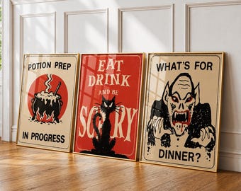Halloween Kitchen Print Set of 3, Vintage Halloween Wall Art Bundle, Funny Spooky Kitchen Decor, Retro Dining Room Poster, DIGITAL DOWNLOAD