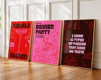 Kitchen Wall Art Set of 3, Funny Kitchen Dopamine Decor, Dining Room Set, Gallery Wall Art, Eclectic Decor, Digital Download