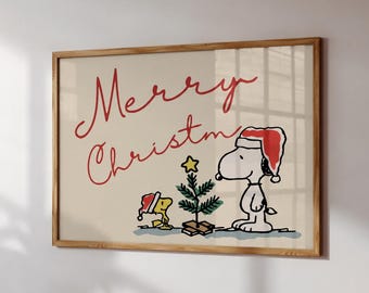 May include: A framed horizontal wall art print on a light beige background featuring the red handwritten text Merry Christmas. The illustration shows a white dog and a yellow bird wearing red Santa hats standing by a small green tree.