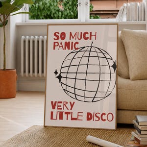 Mucho pánico, muy poca música disco, arte mural divertido, póster retro de música disco, lámina imprimible para pared (DESCARGA DIGITAL)