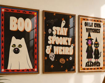 Retro Halloween Printable Set, Halloween Gallery Wall Set of 3, Cute Spooky Wall Decor, Witch Cat Ghost Halloween Prints, Digital Download