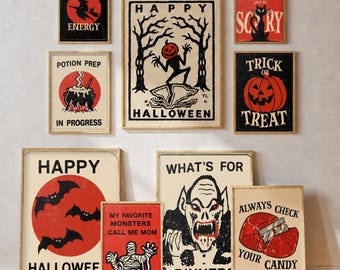 May include: A collection of nine framed Halloween-themed posters featuring illustrations of a witch, a pumpkin-headed figure, a black cat, a potion, a bat, a mummy, a vampire, and a razor blade in candy, with text including Halloween Bundle.