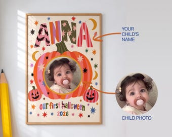 May include: A personalized Halloween poster featuring the name ANNA in colorful patterned letters, a large central pumpkin with a circular photo cutout, two smaller jack-o'-lanterns, stars, moons, and the text our first halloween 2026.