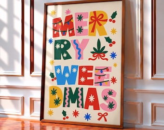 May include: A framed rectangular wall art print featuring the text MERRY WEEDMAS in large, colorful, block-style letters. The design includes festive elements like string lights, red bows, holly berries, and cannabis leaf icons in red, yellow, pink, blue, and green.