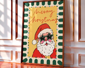 May include: A framed rectangular wall art print featuring a yellow background with the red cursive text Merry Christmas. The illustration depicts Santa Claus wearing star-shaped sunglasses, a red hat, and a white beard, bordered by green stripes.