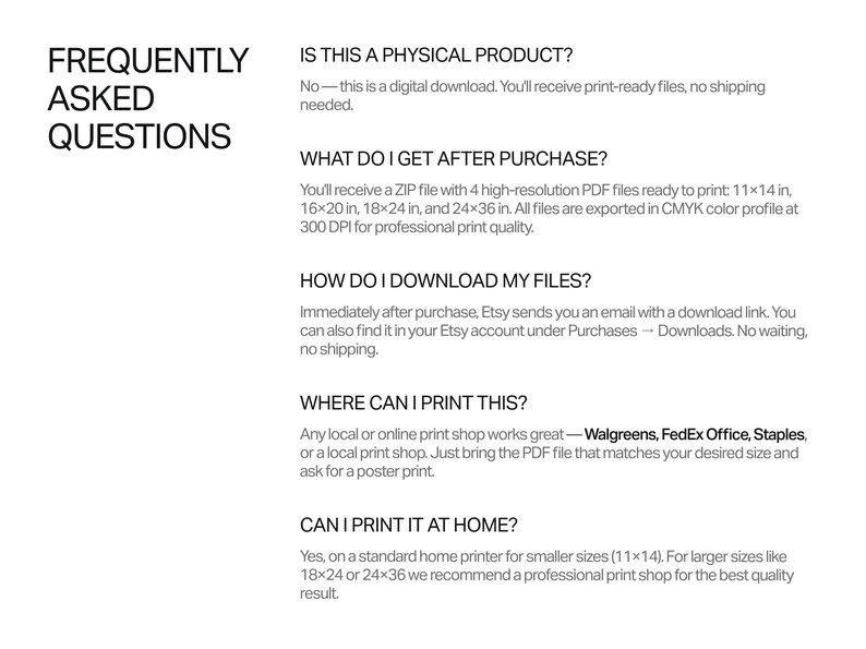 Puede incluir: Una hoja de informaci&oacute;n de descarga digital titulada FREQUENTLY ASKED QUESTIONS. Explica que no es un producto f&iacute;sico y detalla el archivo ZIP que contiene 4 archivos PDF de alta resoluci&oacute;n en tama&ntilde;os de 28x36, 41x51, 46x61 y 61x91 cm.