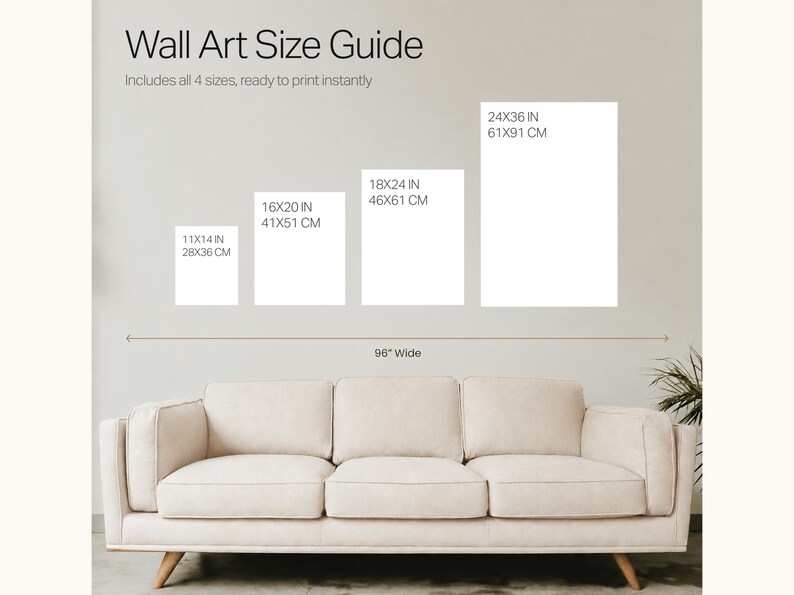 Puede incluir: Una gu&iacute;a de tama&ntilde;os para arte de pared que muestra cuatro marcos rectangulares blancos sobre un sof&aacute; beige. El texto dice Wall Art Size Guide y enumera las dimensiones en cent&iacute;metros como 28x36, 41x51, 46x61 y 61x91, con una l&iacute;nea de 96 pulgadas.