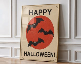 Happy Halloween Printable Wall Art, Vintage Halloween Poster, Retro Bat Decor, Spooky Printable Wall Art, DIGITAL DOWNLOAD
