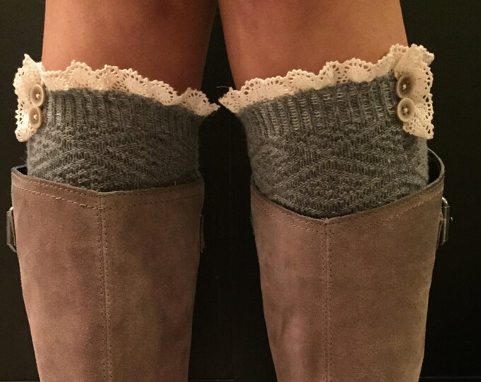 Boot Socks Grey Wool Thighhigh Boot Socks With Crochet Lace Etsy