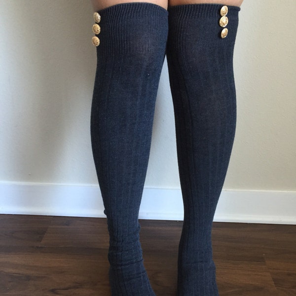 Grey Boot Socks : Vintage Gold Buttons - Over the Knee Knit Socks