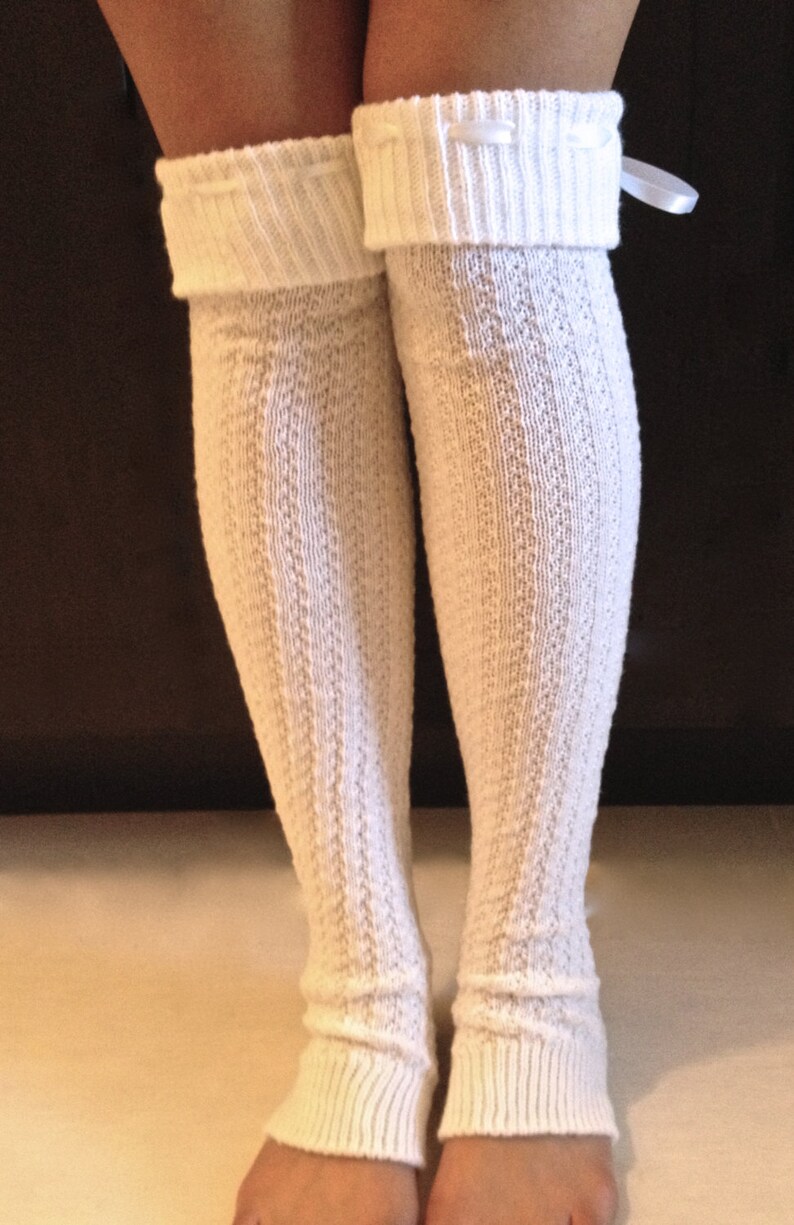 Leg Warmers : Cream Knit with White Ribbon Bow Cream Boot | Etsy