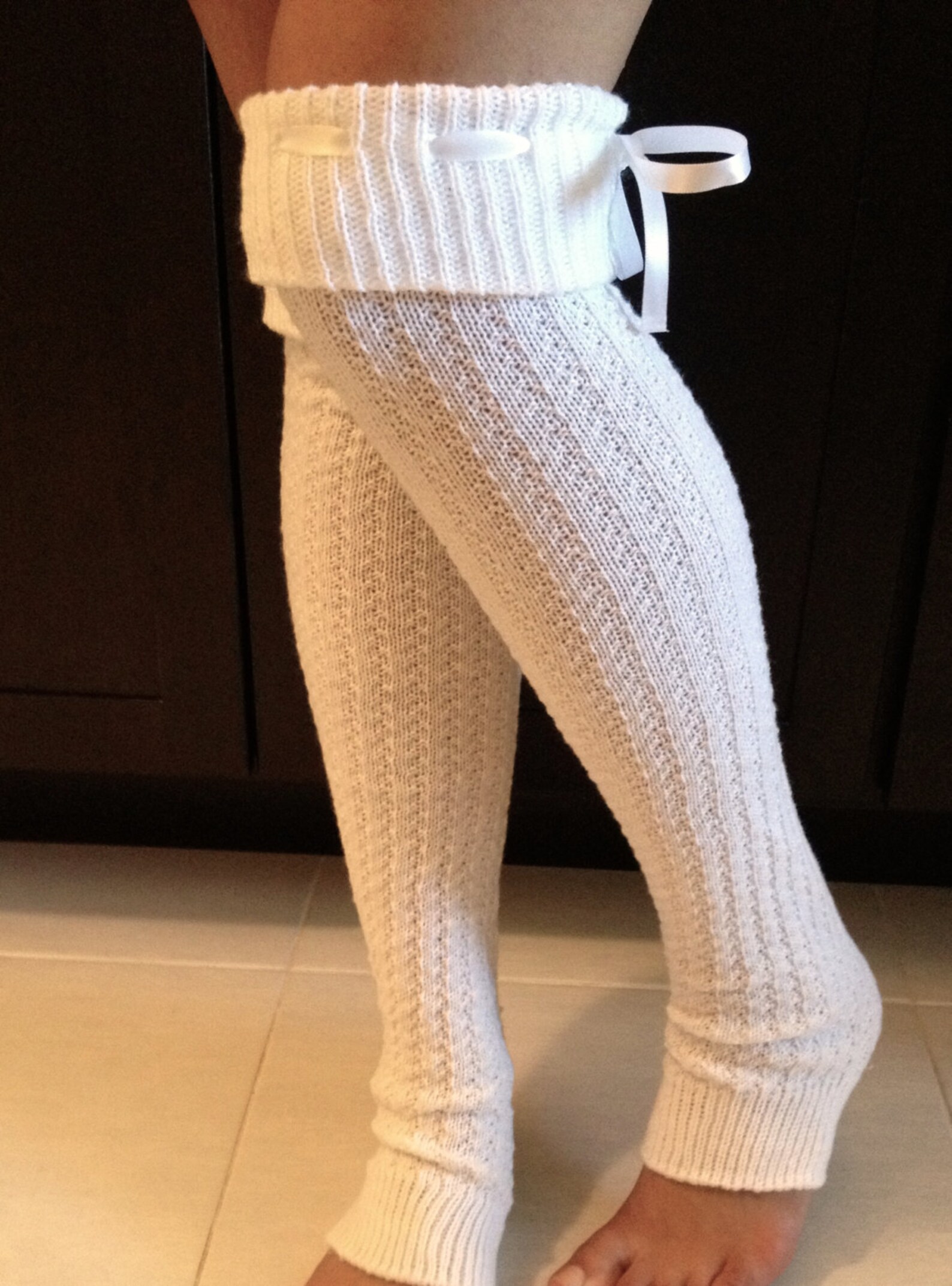 Leg Warmers Cream Knit With White Ribbon Bow Cream Boot Etsy