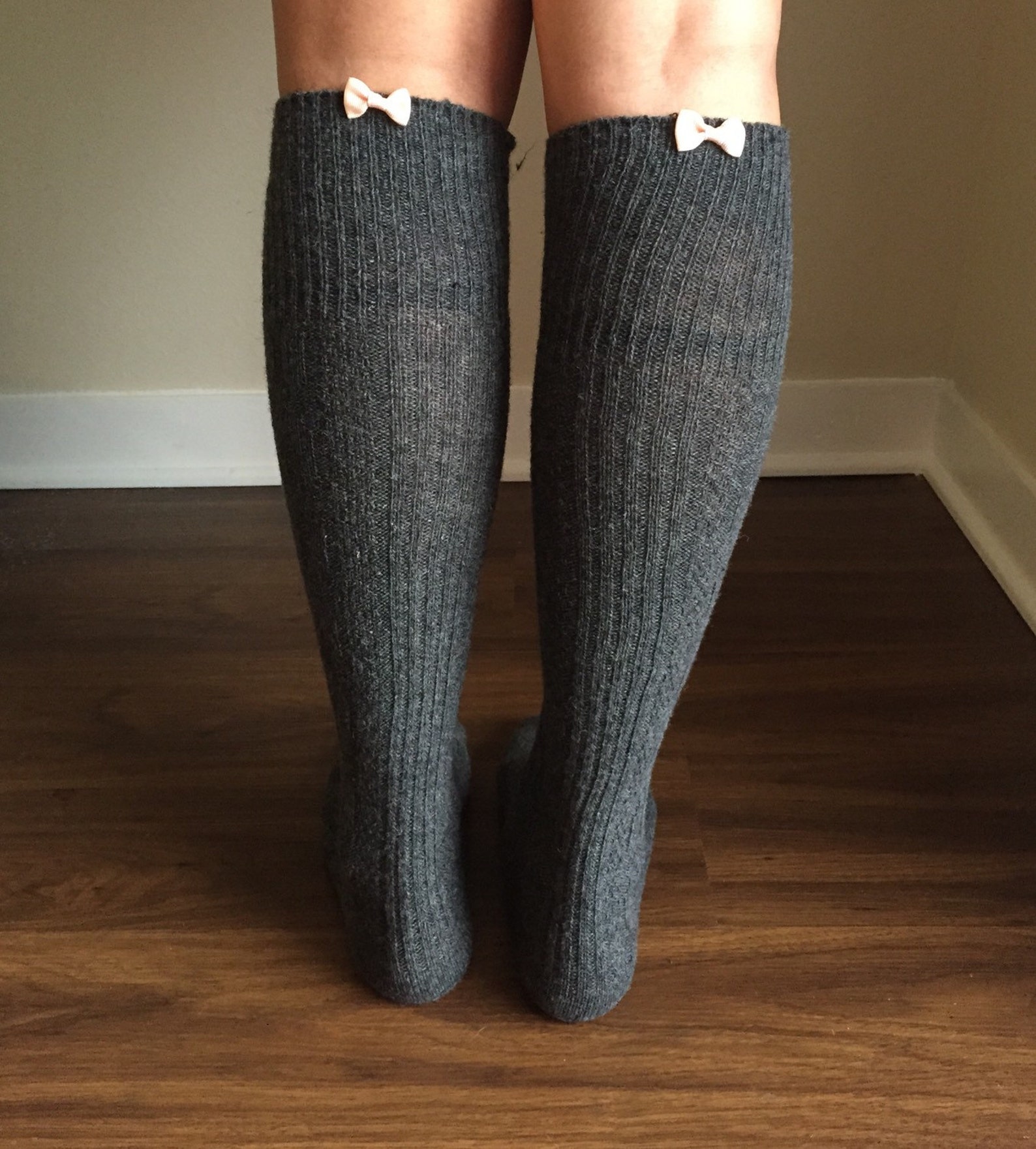 Boot Socks Grey Wool Knee High Socks With Center Back Bows Etsy