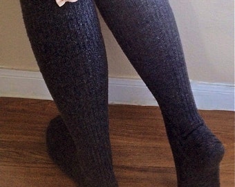 Boot Socks : Grey Wool Knee High Socks with Center Back Bows