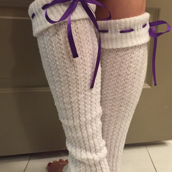 Leg Warmers : Purple Ribbon Bow - Cream Knit Boot Socks w/ Customizable Ribbon Color