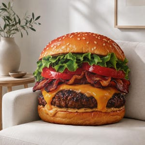 May include: A plush pillow shaped like a cheeseburger with a sesame seed bun, green lettuce, red tomato slices, crispy brown bacon, melted yellow cheddar cheese, a dark brown beef patty, and a light tan sauce on a bottom bun.