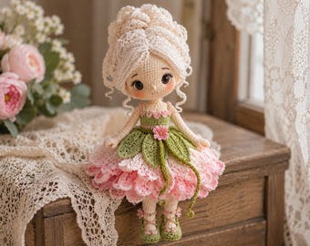 Crochet Peony Doll Pattern PDF, Floral Amigurumi Girl Tutorial, Digital Download